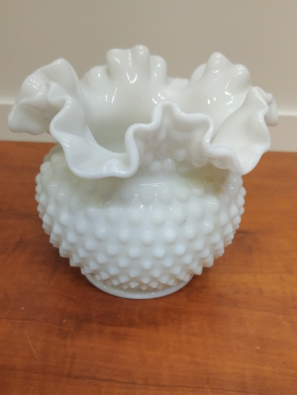 Vintage White Milk Glass Hobnail Ruffled Vase 5.5" With Two Small Chips